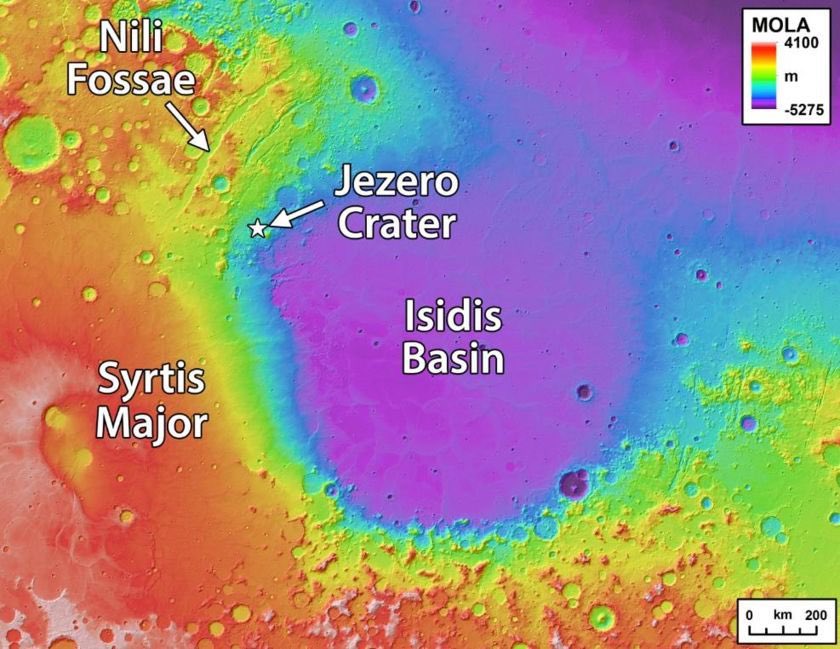 Take a look at a map of the landing site in USGS survey quadrilateral MC-13. Jezero Crater, the exact landing target, is situated on the border between two major Martin areographic features: Isidis Basin, the third-largest visible impact structure; and old shield volcano Syrtis
