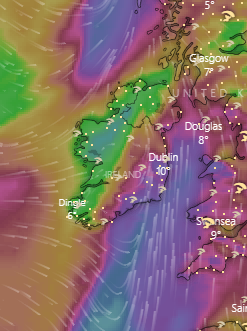 MetAlertIreland's tweet photo. A bit of a gale this evening in south Leinster and east Munster. Gusts of 65kmh to 90kmh. Heavy rainfall expected overnight with potential for spot flooding on secondary roads. A wintry mix over mountains. Overnight lows of -3C to 5C. #FindUsOnInstagram #MetalertIreland https://t.co/pY5WIHqVP7