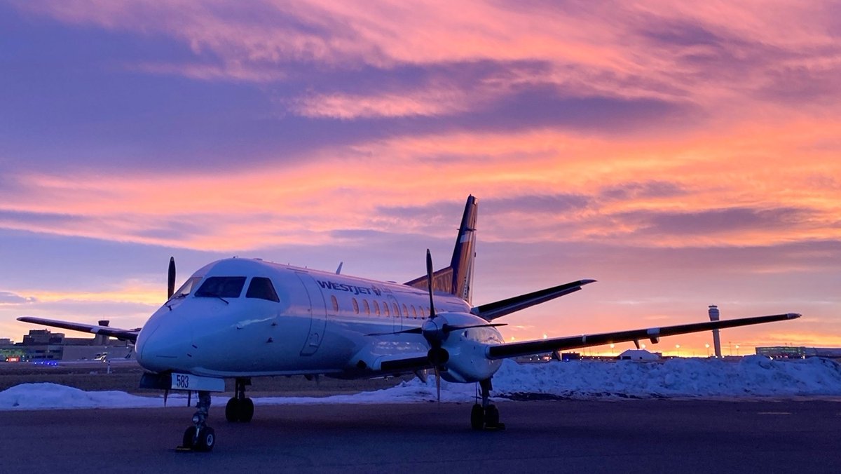 PacificCoastal's tweet photo. Did you know we're also the proud operator of #WestJetLink? Here's our Saab 340 with stunning skies in #Calgary! ✈️ https://t.co/NNho7bjTbK