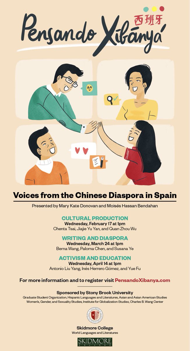 Today 2/17 at 1pm––Pensando Xībānyá: Voices of the Chinese Diaspora (pensandoxibanya.com)
Cultural Production (Feb 17th 1pm EST): Chenta Tsai, Jiajie Yu Yan and Quan Zhou.
Register here: stonybrook.zoom.us/meeting/regist…