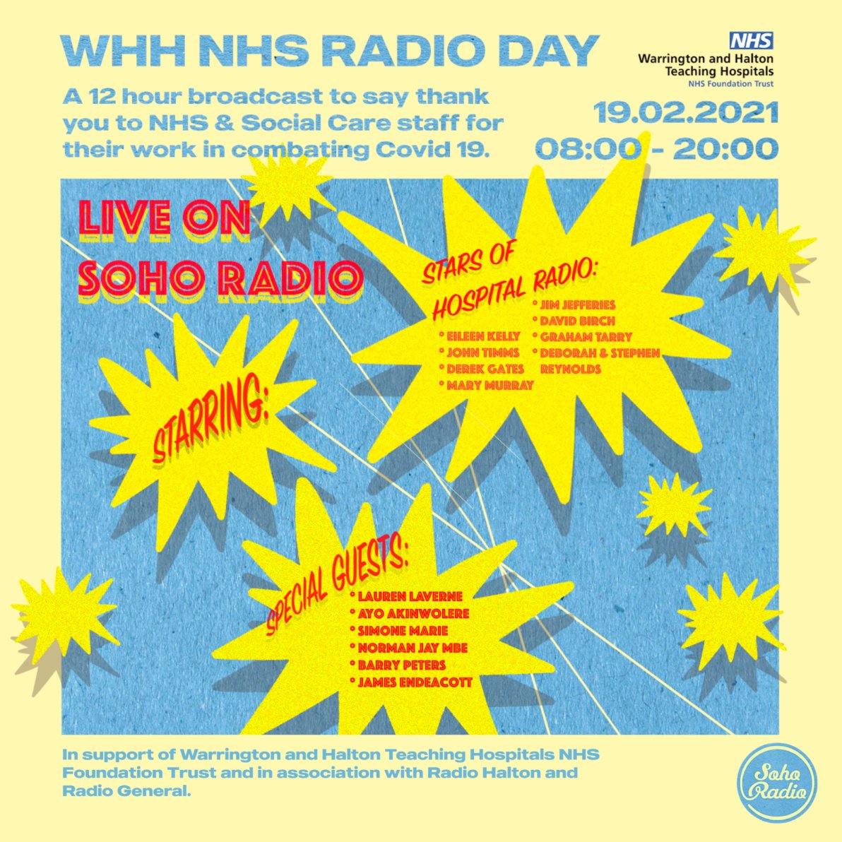 NorthCandMNHS's tweet photo. WHHNHS Radio Day. A THANK YOU to NHS staff in Warrington and Halton.
8am-8pm Friday 19 February. 
For requests and shout outs tweet us @sohoradio or email hello@sohoradiolondon.com 
Listen on @sohoradio or Radio General - Warrington Hospital Radio https://t.co/9dFKq5AmHR