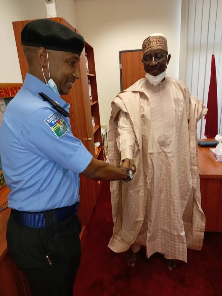 ibrahimMbomai's tweet photo. Earlier today in my office, I decorated one of my security details, ASP Garba Ahmed of the Nigeria Police Force, who was recently promoted to his new rank. We were joined by Senator Kabir Abdullahi Barkiya. https://t.co/7xtVoGwPra