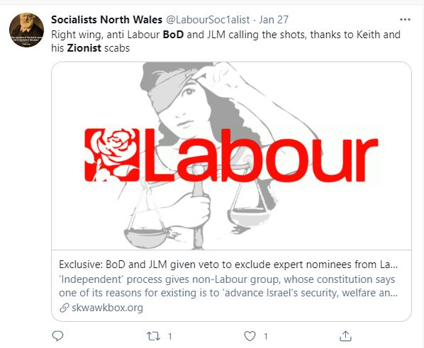This one about the  @BoardofDeputies and  @JewishLabour and yet more "Zionist scabs" is pretty representative of the stuff that this account churns out daily.