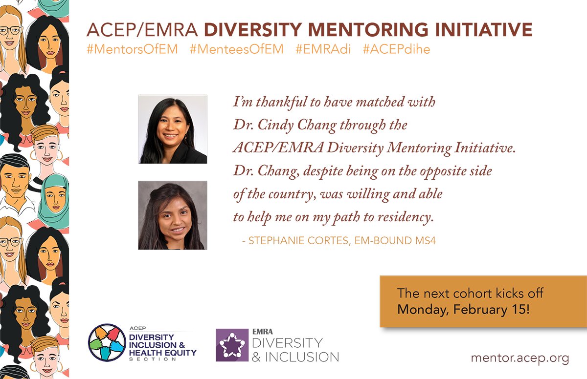 emresidents's tweet image. The Diversity Mentoring Initiative is a collab between #EMRAdi + @ACEPNow's Diversity, Inclusion &amp;amp; Health Equity Section to promote leadership and career development. Applications for our second cohort are now open to both mentors and mentees. 

mentor.acep.org/p/p1/
