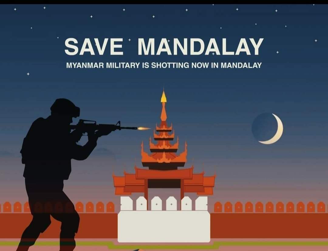 SweThetHtar67's tweet photo. WE ARE NOT SAFE. 
Myanmar Military is shotting now in Mandalay. 
 #RejectMilitaryCoup #Feb17Coup  
#SaveMyanmar #SaveMandalay https://t.co/C3z8ThYu2q