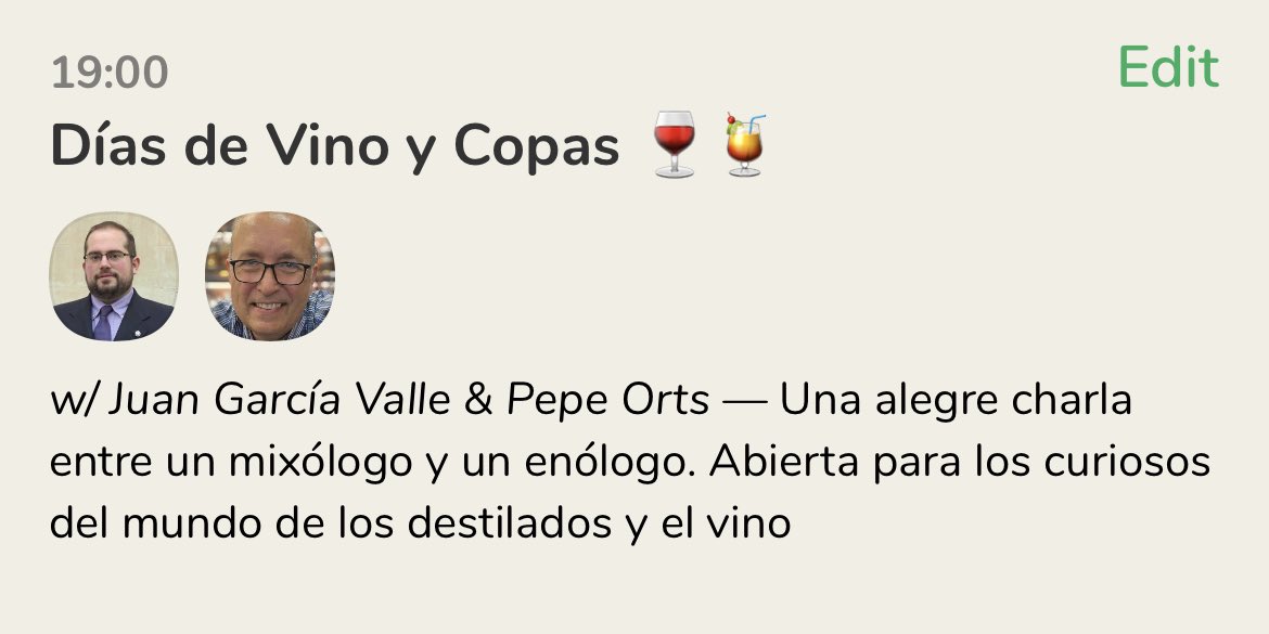 Mañana a las 19h estaré en @joinClubhouse con <a href="/pepeorts/">Pepe Orts Mixología</a> hablando de vinos y destilados. ¿Te apetece asistir y participar? joinclubhouse.com/event/xLjwp6vL