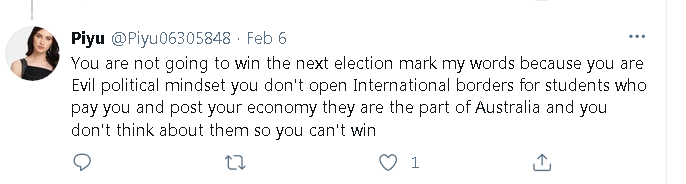 jan67854209's tweet photo. International Student @Piyu06305848  studying at Australian University  threatening Australian PM Scott Morrison @ScottMorrisonMP and Liberal Party  @LiberalAus! @Piyu06305848  tweets suggests/encourages  interference in Australian Elections by International students! https://t.co/X3vt4EOgrh