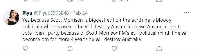 jan67854209's tweet photo. International Student @Piyu06305848  studying at Australian University  threatening Australian PM Scott Morrison @ScottMorrisonMP and Liberal Party  @LiberalAus! @Piyu06305848  tweets suggests/encourages  interference in Australian Elections by International students! https://t.co/X3vt4EOgrh