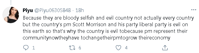 jan67854209's tweet photo. International Student @Piyu06305848  studying at Australian University  threatening Australian PM Scott Morrison @ScottMorrisonMP and Liberal Party  @LiberalAus! @Piyu06305848  tweets suggests/encourages  interference in Australian Elections by International students! https://t.co/X3vt4EOgrh