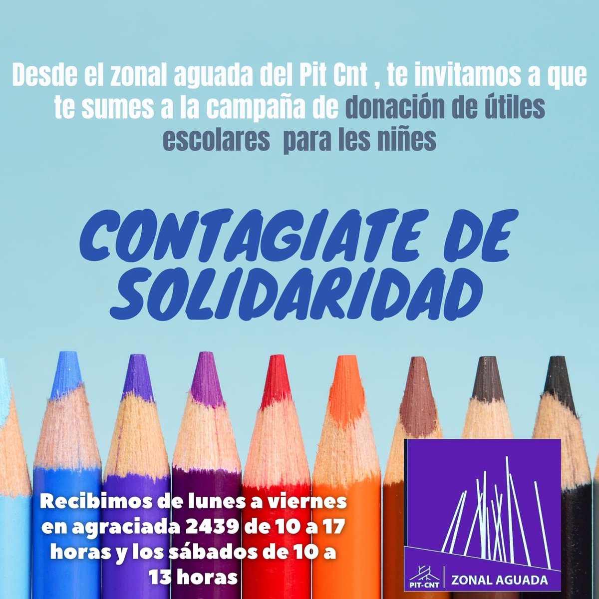 𝐂𝐎𝐍𝐓𝐀𝐆𝐈𝐀𝐓𝐄 𝐃𝐄 𝐒𝐎𝐋𝐈𝐃𝐀𝐑𝐈𝐃𝐀𝐃⁣
⁣
El Zonal Aguada se encuentra recolectando donaciones de útiles escolares para niñas y niños.⁣
⁣
Lunes a viernes · 10 a 17 hs⁣
Sábados · 10 a 13 hs⁣
Agraciada 2439 ⁣
⁣
¡SUMATE!⁣