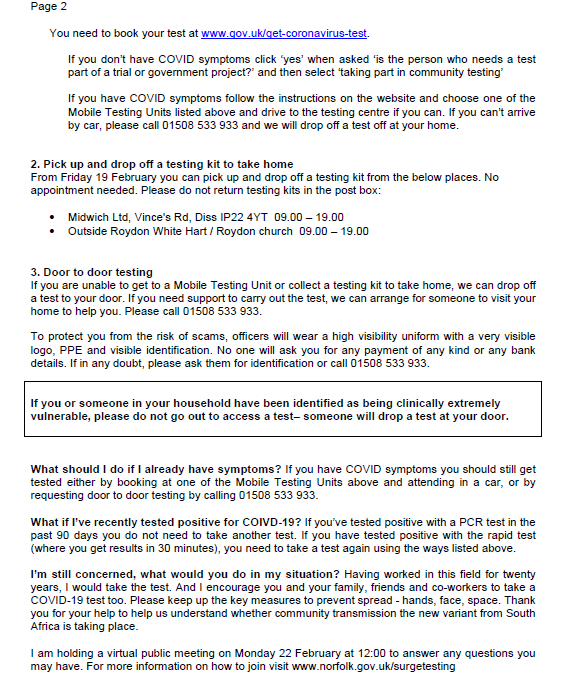 If you live or work in Diss or Roydon - as a precaution you are invited to help us by having a Covid test.

<a href="/NorfolkCC/">Norfolk County Council</a> <a href="/SNorfolkCouncil/">South Norfolk Council</a>