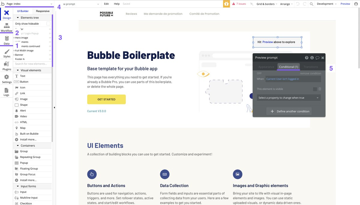 3/ Spend time understanding how the template worksU need to understand:A/ experience when deployed (preview the page flows)B/ how things are working in the back (editor/database)C/ parts to keep/changeFocus on element tree, conditionals, database (DB), pages, and workflows