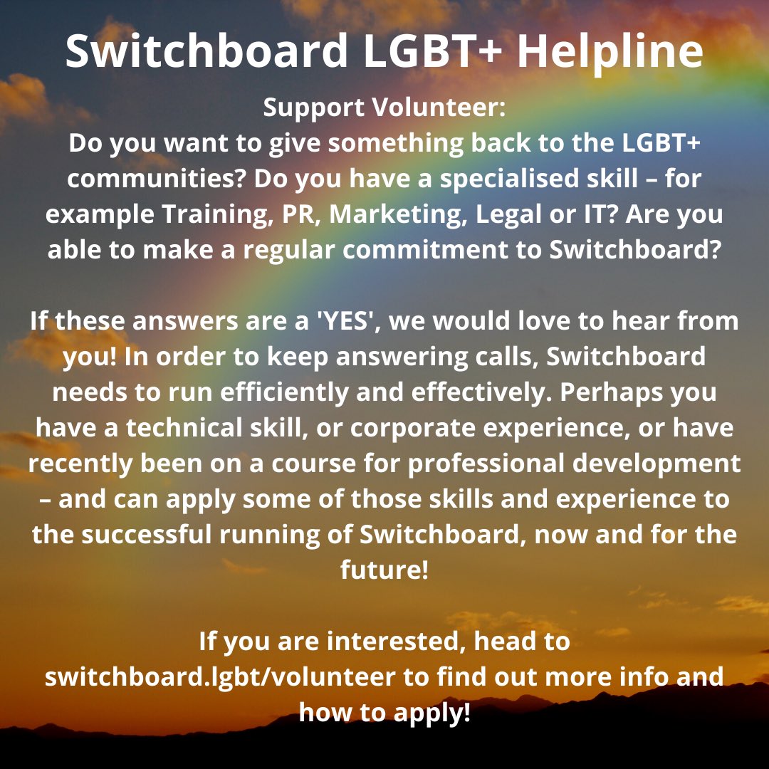 UniKentEmploy's tweet image. Here are some LGBTQ+ volunteering opportunities🏳️‍🌈

These roles differ in hours, skills required, flexibility and location so you can find volunteering roles that suit you!

Some roles are specifically open to LGBTQ+ volunteers, while others are open to allies too✨

1/2 @UniKent