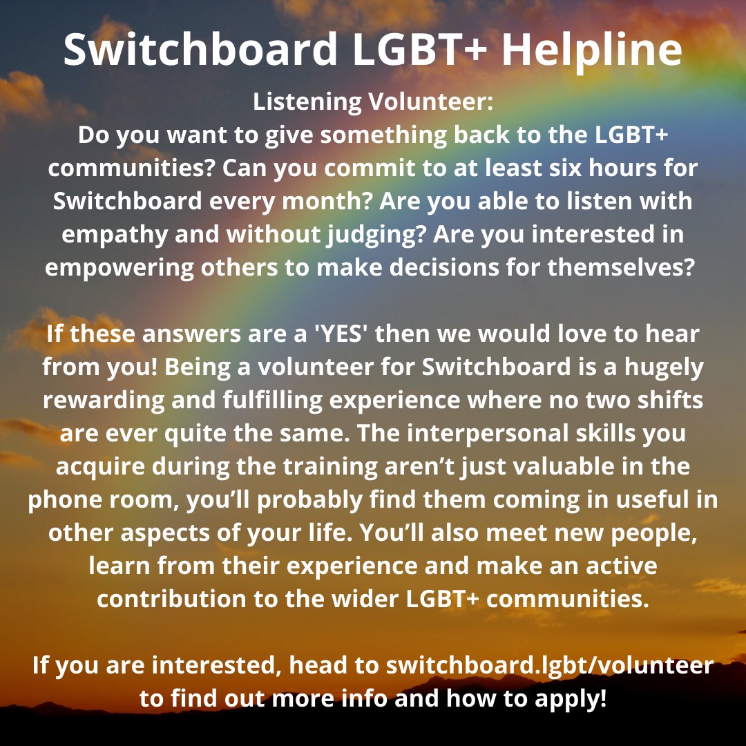 UniKentEmploy's tweet image. Here are some LGBTQ+ volunteering opportunities🏳️‍🌈

These roles differ in hours, skills required, flexibility and location so you can find volunteering roles that suit you!

Some roles are specifically open to LGBTQ+ volunteers, while others are open to allies too✨

1/2 @UniKent