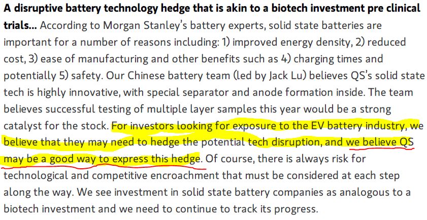 1/  $QS is +20% b/c  $MS Adam Jonas initiated coverage w/ a BUY today. Read his repot. It was stupid:-Not 1 word re: Toyota/Pana's solid-state batteries (SSB)-Not 1 word mentioned about 8 other rivals-1st page says that  $QS is a "good hedge"THREAD: