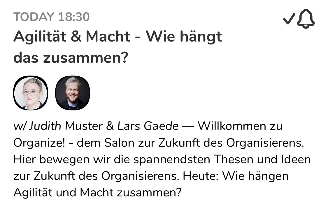 Heute gehts ab 18:30 im #Organize-Salon um Agilität &amp; Macht - Perfekte Gelegenheit für einen Drink und einen klugen Streit mit <a href="/JudithMuster/">Judith Muster</a> und <a href="/gaedelars/">Lars Gaede</a> 🍸 

🎧 joinclubhouse.com/event/P0B7Ollw #Clubhouse