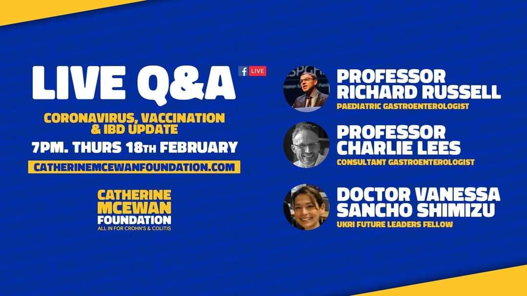 Looking forward to our next Facebook Q&amp;A tomorrow with <a href="/charlie_lees/">Charlie Lees</a>, Richard Russell &amp; Vanessa Sancho Simizu talking all things Coronavirus, Vaccination &amp; IBD....

#allinforcrohnsandcolitis