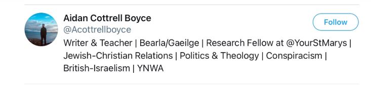Turning briefly towards academia, with (i kid you not) a focus on "Jewish-Christian relations", we can all wonder why  @Acottrellboyce follows an obsessive Jew hating account.To be fair, it could actually be for research purposes. I do realise that.