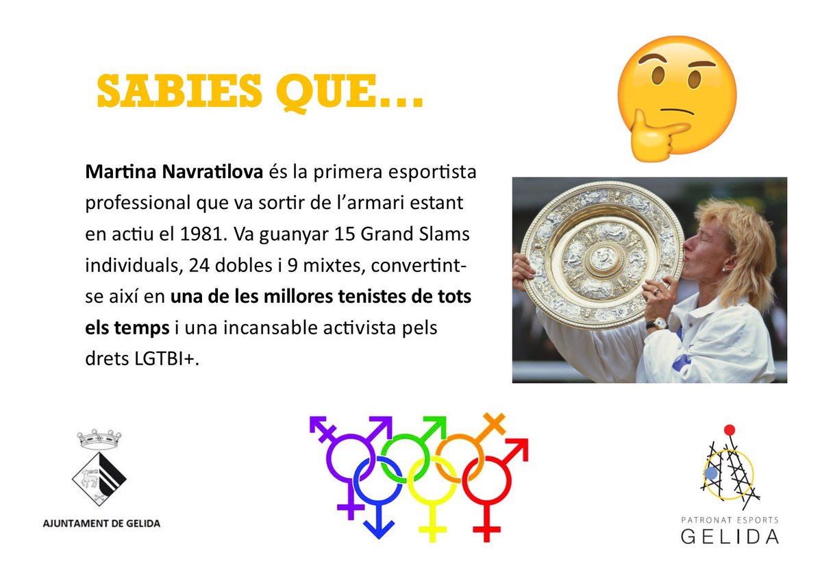 🏳️‍🌈 L’esport gelidenc contra l’homofòbia!

⁉️ SABIES QUE...
Martina Navratilova és la primera esportista professional que va sortir de l’armari en actiu. Guanyadors fe 48 Grand Slams, convertint-se així en una de les millores tenistes i una incansable activista pels drets LGTBI+.