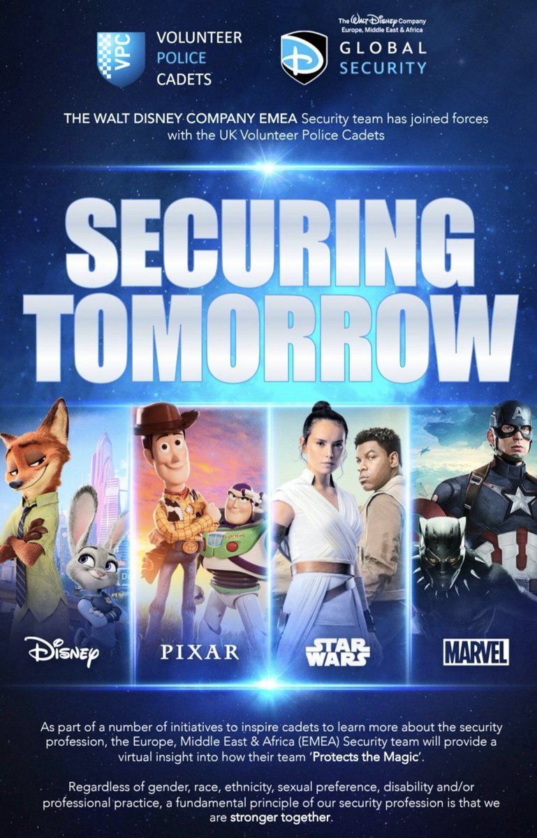 AlcoholHarmCop's tweet photo. Well what an event !!! Over 800 @NationalVPC cadets from forces all across England & Wales attended a virtual event this afternoon with the @Disney EMEA security team & were given an insight into what they do to #ProtectTheMagic #DisneyVPC #SecuringTomorrow https://t.co/Rnfm6b32In