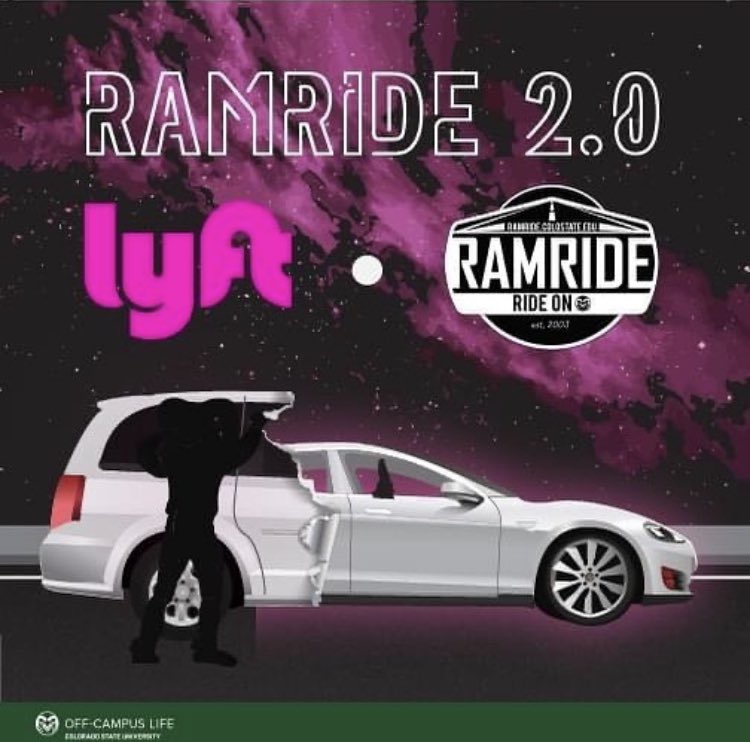 RamRide is back! From 1/19 to 5/15, Lyft x RamRide are offering 4 free rides per month, up to $12. Sign up now at ramride.colostate.edu