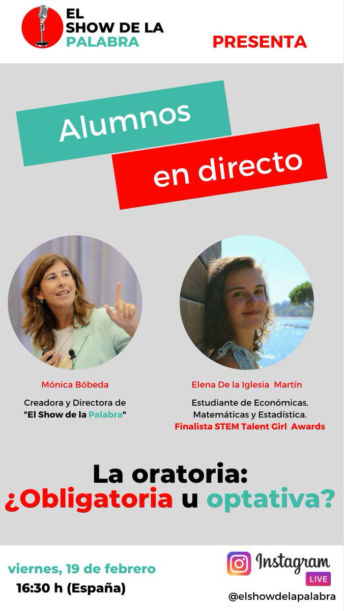 Que felices nos hace ver cómo las personas que se han ido sumando a lo largo de los años a #MyT desarrollen iniciativas tan interesantes. 

Este viernes, a las 16:30h, os invitamos a disfrutar de este directo con <a href="/elenadelai/">Elena de la Iglesia Martín</a>  moderado por <a href="/BobedaMonica/">Mónica Bóbeda</a> de #ElShowDeLaPalabra.