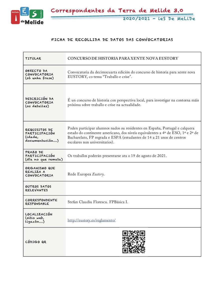 #correspondentesTerraDeMelide Concurso de historia para xente nova Eustory