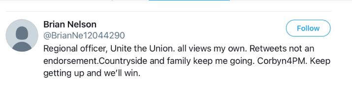 How about  @unitetheunion regional officer  @BrianNe12044290 ?Brian follows a Jew hating account.