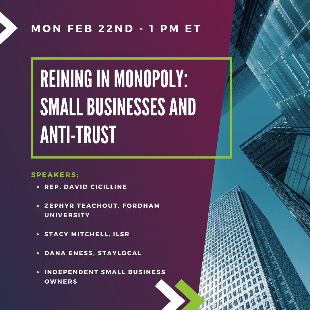 Main Street Alliance / Main Street Action (@mainstreetweets) on Twitter photo Join us on Feb 22 to hear from leaders in the small business community on the importance of strengthening antitrust laws. Speakers inc. <a href="/davidcicilline/">David Cicilline</a>, <a href="/ZephyrTeachout/">Zephyr Teachout</a>, @StacyFMitchell, and reps from <a href="/theAMIBA/">AMIBA</a>, <a href="/ABAbook/">American Booksellers Association</a>, <a href="/StayLocal/">StayLocal</a> and <a href="/ISSAworldwide/">ISSA</a> mainstreetalliance.good.do/monopoly/monop… Join us on Feb 22 to hear from leaders in the small business community on the importance of strengthening antitrust laws. Speakers inc. <a href="/davidcicilline/">David Cicilline</a>, <a href="/ZephyrTeachout/">Zephyr Teachout</a>, @StacyFMitchell, and reps from <a href="/theAMIBA/">AMIBA</a>, <a href="/ABAbook/">American Booksellers Association</a>, <a href="/StayLocal/">StayLocal</a> and <a href="/ISSAworldwide/">ISSA</a> mainstreetalliance.good.do/monopoly/monop…