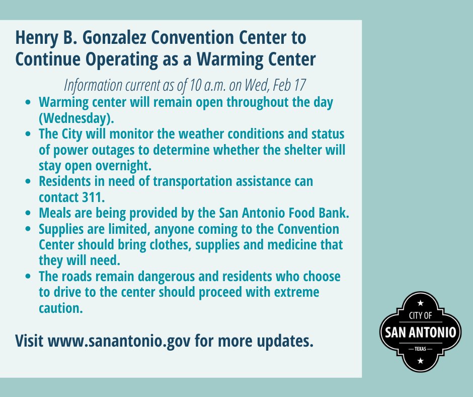 COSAGOV's tweet photo. The Henry B. Gonzalez Convention Center is open as a warming center today. The City will monitor the weather conditions and status of power outages to determine whether the shelter will stay open overnight. Call 311 for transportation. More info: https://t.co/VYKH3pR6qn https://t.co/VwRpZwTy7K