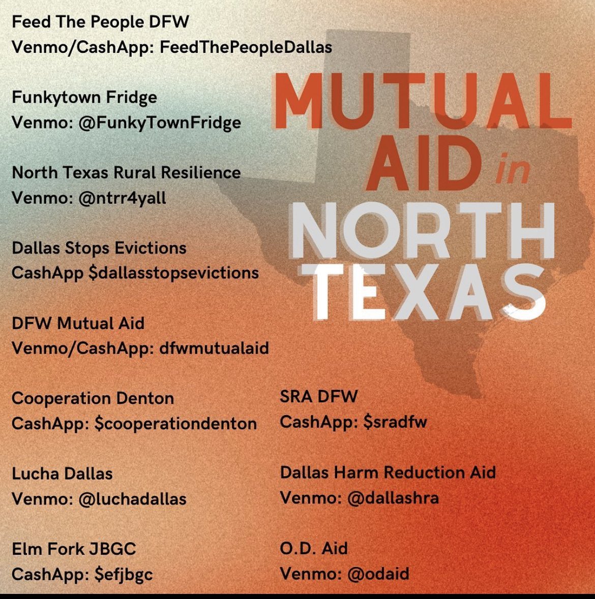 Organizations that you can find on VENMO or CASHAPP and get money to people right away:Dallas: @ feedthepeopledallasHouston: @ mutualaidhouAustin: @ austinmutualaidhotelsSan Antonio: @ pmgmutualaid      2/