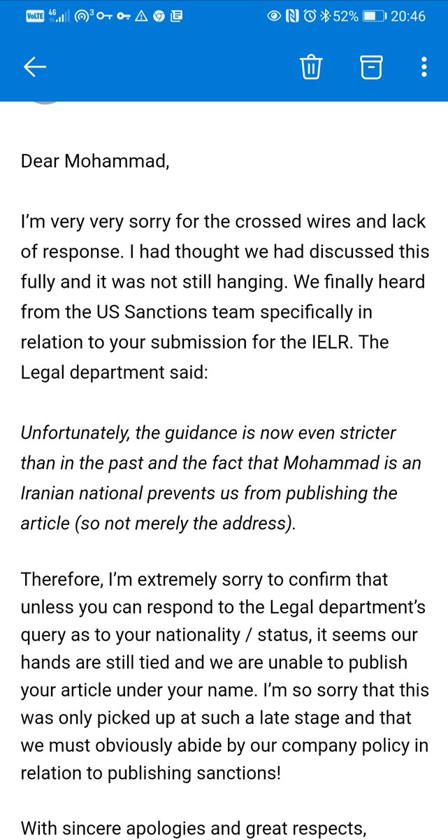 MHez1_'s tweet image. بعد از حدود سه ماه که از این ایمیل گذشت و ازم خواستن آدرسی غیر از ایران بدم، امروز دیگه آب پاکی رو دستم ریختن و صریحا گفتن چون ملیتت ایرانیه نمیشه مقاله اکسپت شده روچاپ کنیم.نظام آپارتاید جدید با اسم و شکل جدید. بماند در تاریخ که چقدر ظلم به ایران رفت
#روایت_تحریم