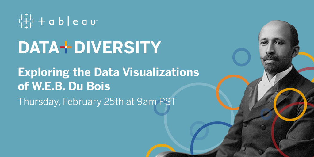 tableau's tweet image. Mark your calendar for the next #DataPlusDiversity event featuring Jason Forrest and Anthony Starks! The discussion—hosted by Community Equity Task Force member, @AlDatavizguy—will focus on exploring and recreating the visualizations of W.E.B. DuBois: tabsoft.co/2ZaO2ZA