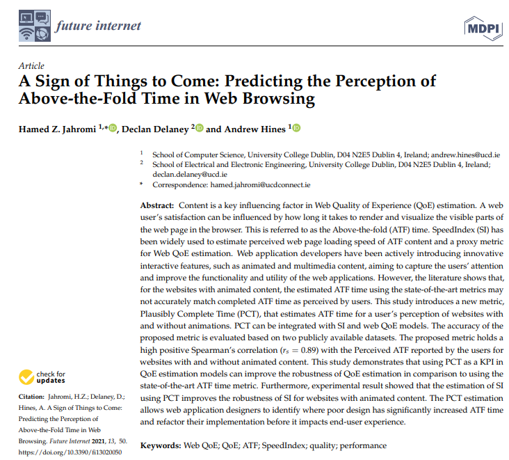 hzjahromi's tweet photo. Our paper titled "A Sign of Things to Come: Predicting the Perception of Above-the-Fold Time in Web Browsing" co-authored by D.Delaney and @andrewhines  has been published in Future Internet/Special Issue QoE Management in Softwarized Network Environments https://t.co/ykIgd6GCl4 https://t.co/W8cRWlbQ70