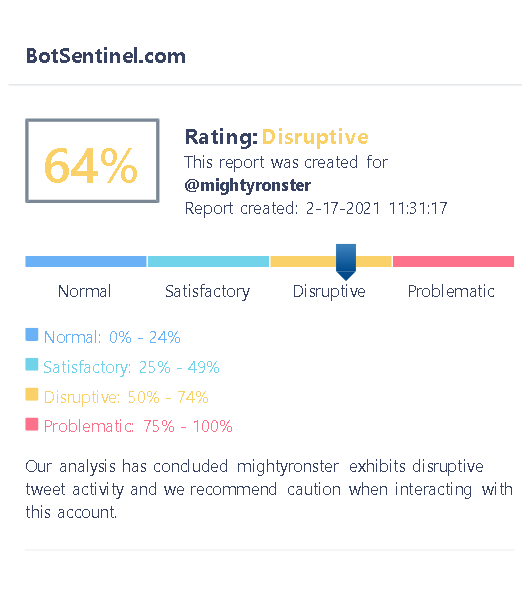 TallDavid's tweet photo. @mightyronster @SenTedCruz @AEPTexas Trollbot Rating: Disruptive - 64%
Reference: https://t.co/LC0Uio2jZX
#ReportBlockBots
#ReportBlockTrolls
#MakeLyingWrongAgain https://t.co/ZXdrMQ0Hfh