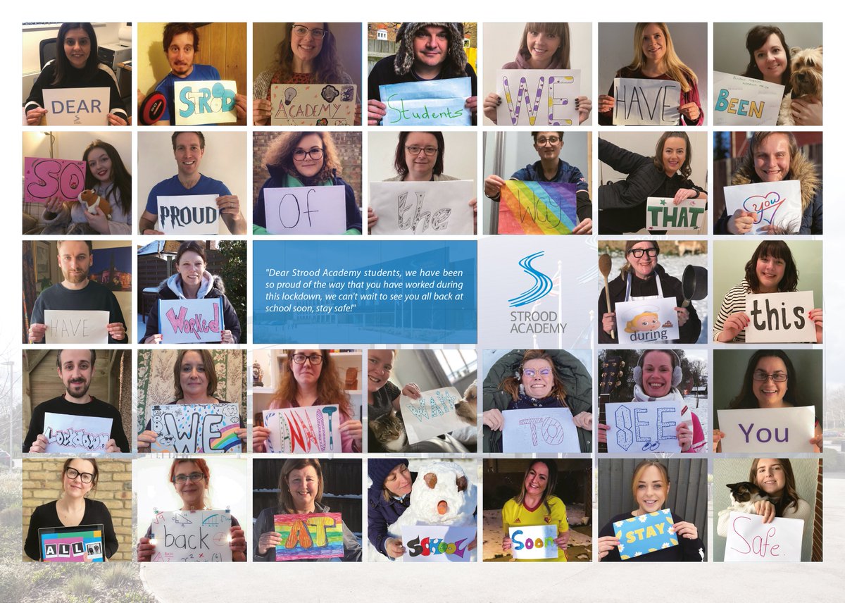 StroodAcademy's tweet photo. Some of the staff here at Strood Academy wanted to share a message with students whilst working from home. Take a look! We hope you are all having a wonderful half term! You can see the individual photos here: https://t.co/TslFXIH04l #stroodacademyfamily #stroodacademycommunity https://t.co/U11Kp4yltr