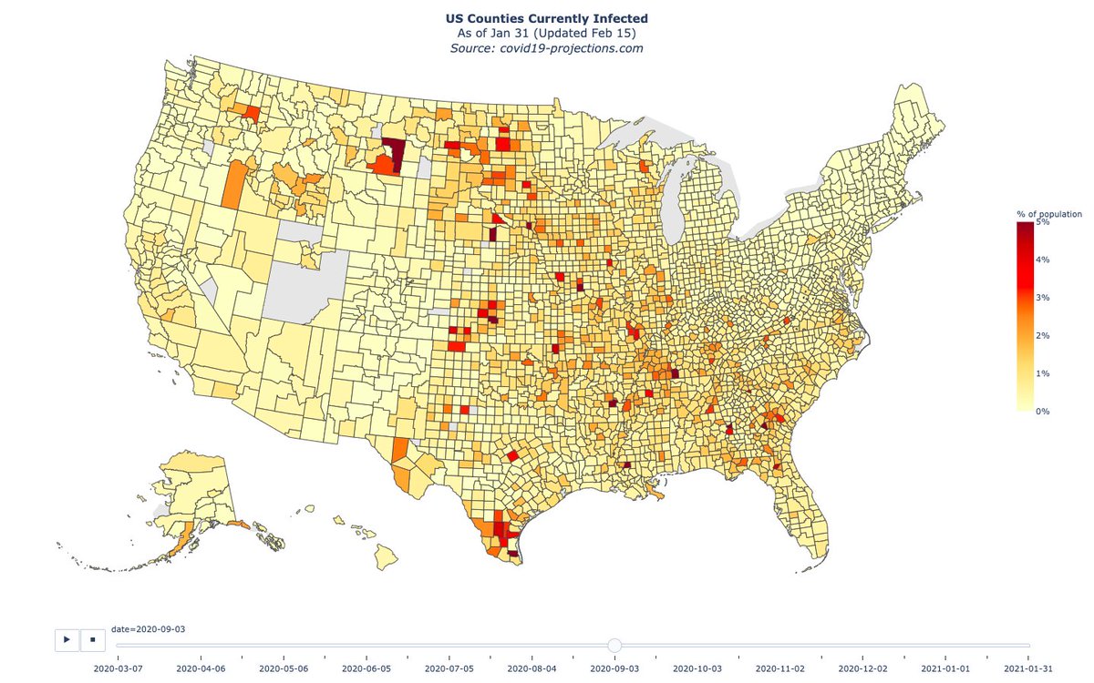 (9) These Maps by the  @youyanggu group, show how North Dakota & its neighbors started as the epicenter of the fall outbreak and became the strongest recovery zone.Starting top left: Sep 3, 2020, Oct 18, 2020Nov 17, 2020 & Jan 1, 2021