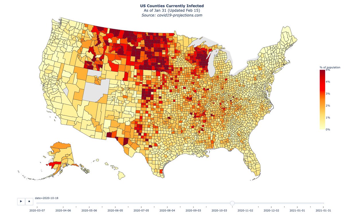 (9) These Maps by the  @youyanggu group, show how North Dakota & its neighbors started as the epicenter of the fall outbreak and became the strongest recovery zone.Starting top left: Sep 3, 2020, Oct 18, 2020Nov 17, 2020 & Jan 1, 2021