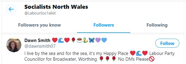 Down in sunny Worthing we find that Lab cllr  @dawnsmith07 follows a Jew hate account.Why is that Dawn? How did that happen?