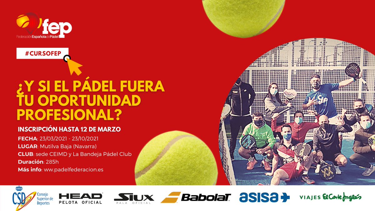 padelfederacion's tweet photo. 🎓Curso de Monitor de Pádel Nivel I en #Navarra 
🟥 Del 23 de marzo al 23 de octubre.
🟨 Inscripciones abiertas hasta el 12 de marzo. 
🟥 30 plazas disponibles.

📝Más info: https://t.co/9GIkvN5lYO

#FEP #FormacionFEP #CursoFEP #MonitorPadel #formacionpadel https://t.co/fRlbHxgF9D