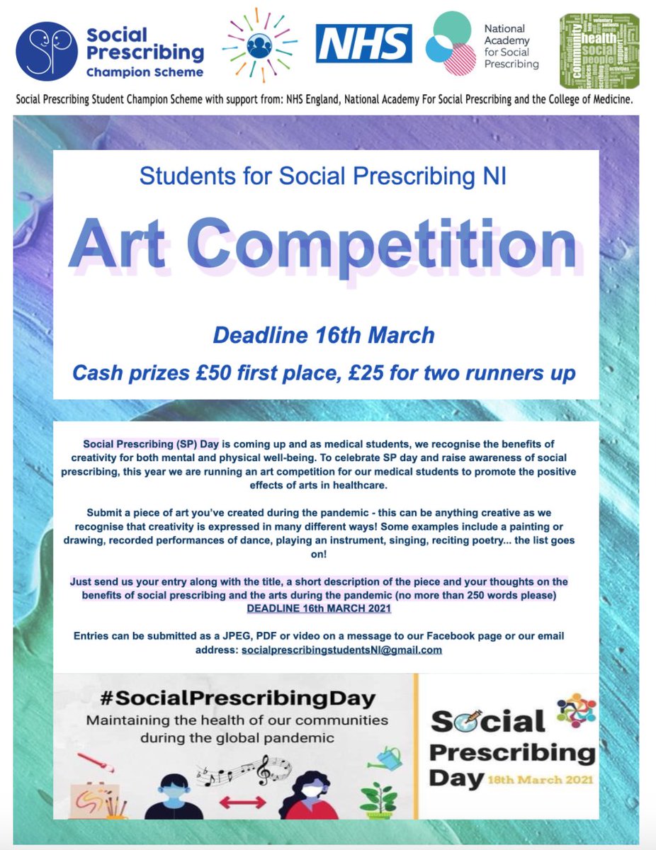 ⭐️Art Competition with cash prizes!⭐️
More information on our judges will be released over the next couple of weeks…
We can’t wait to see the fantastic talent of our QUB medical students!
😊🥳