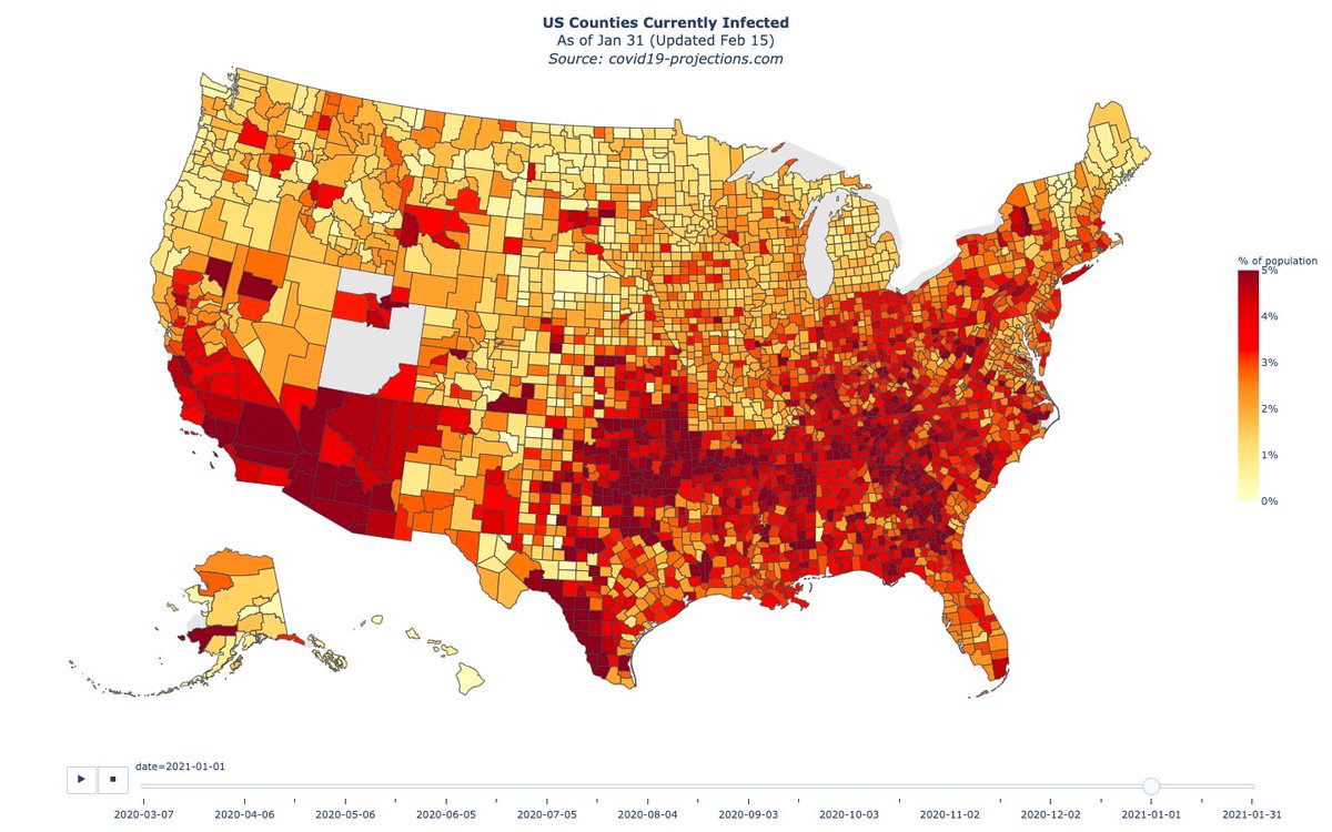 (9) These Maps by the  @youyanggu group, show how North Dakota & its neighbors started as the epicenter of the fall outbreak and became the strongest recovery zone.Starting top left: Sep 3, 2020, Oct 18, 2020Nov 17, 2020 & Jan 1, 2021