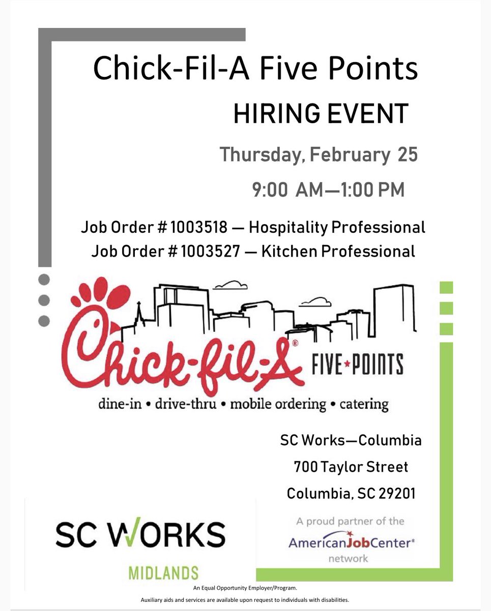 Join us on Thursday, February 25 from 9am-1pm at the SC Works Columbia office! We will be holding open interviews! Just bring your resume and a great attitude. We can’t wait to meet you! 👏🏻🐔