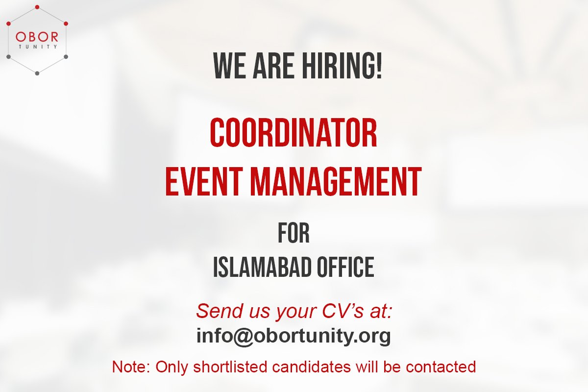 We are hiring Coordinator Event Management for a project based assignment at our Islamabad office. If you have 1-2 years of planning, coordinating and managing domestic &amp; international events &amp; exhibitions,
Send us your resumes at info@obortunity.org
Deadline: 24th February, 2021