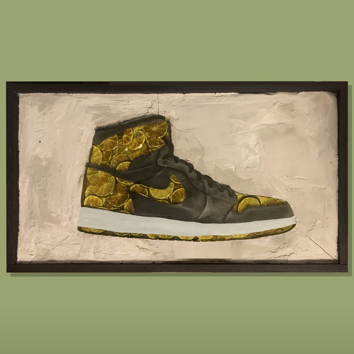 Zimernyc's tweet photo. Lime Jordan 1s                                           Resin, Concrete , Limes , acrylic paint , wood                                                  #art #gallery #sneakers #hypebeast #lime #jordan #airjordan #jordan1 #creative #art #nyc #artist https://t.co/Pagx4jZv75 https://t.co/Z56HeMSXUH