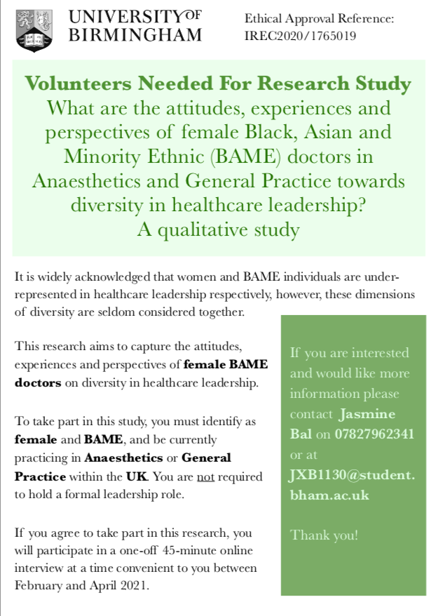 JasmineBal11's tweet photo. I'm looking for female Black, Asian and Minority Ethnic (BAME) anaesthetists or GPs for my research study! Please share or contact me if you are interested! #WomenInMedicine #genderequality #MedTwitter https://t.co/KpncCrHRHw