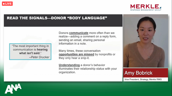 ANANonprofit's tweet image. #ANAnonprofit conference co-chair @AmyBMerkleRMG from @MerkleRMG on reading the signals with your #donors... Have &quot;tough&quot; conversations and keep your engaged donors, engaged. Donor relations is a team sport.