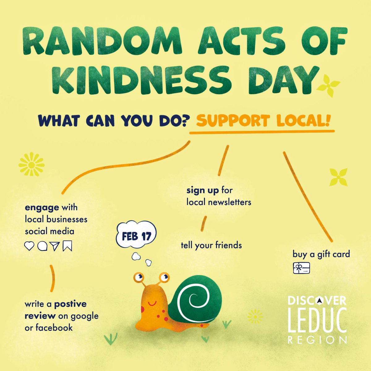 Today is #RandomActsofKindnessDay! Show some kindness to your community by supporting local businesses! Check out the picture below for ideas, or read our latest blog post - link below! ❤👇❤ #DiscoverLeducRegion #MakeKindnessTheNorm #ExploreTheGood

discoverleduc.ca/2021/02/16/how…