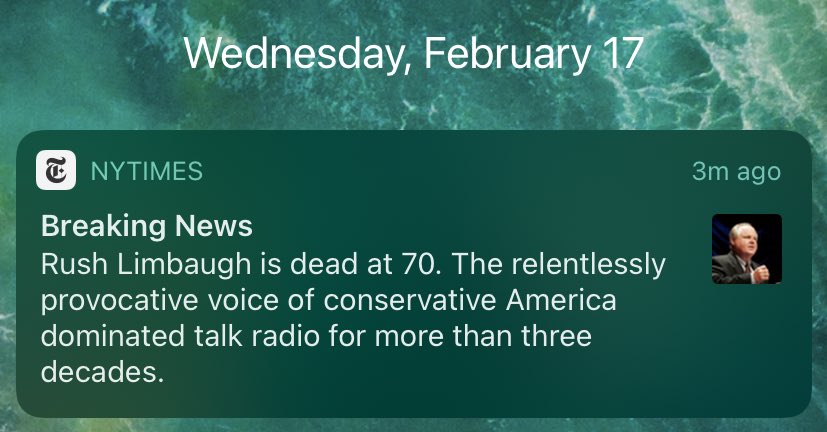 Now that Rush Limbaugh is dead, we’ll be hearing a lot about how “talented” he was. “Charming.” A big tipper. I haven’t read the  @nytimes obituary yet, but I noticed the headline describes Limbaugh as “relentlessly provocative,” which makes him sound “cool” in an “edgy” way.
