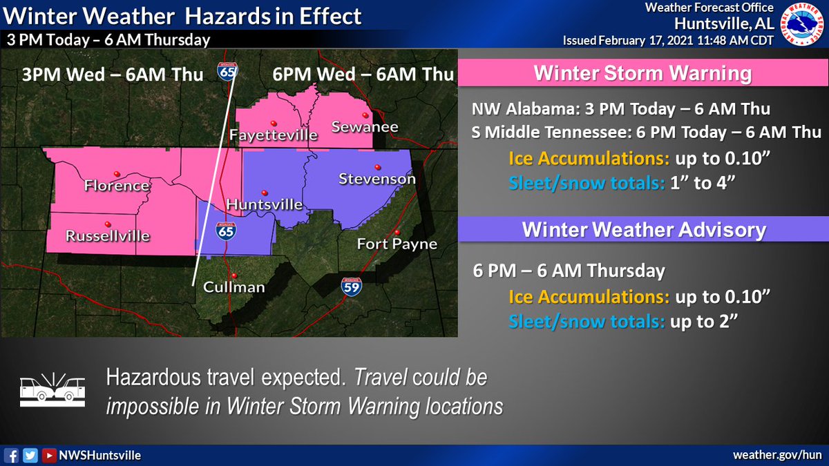 NWSHuntsville's tweet photo. 11:57 AM | 🚨 UPDATE 🚨
Winter Storm Warning for NW Alabama now starts at 3 PM this afternoon and still goes until 6 AM Thursday.  

We have also issued a Winter Weather Advisory for Morgan, Madison, and Jackson Counties from 6 PM Tonight through 6 AM Thursday. 
#HUNwx https://t.co/wQCMKder6F